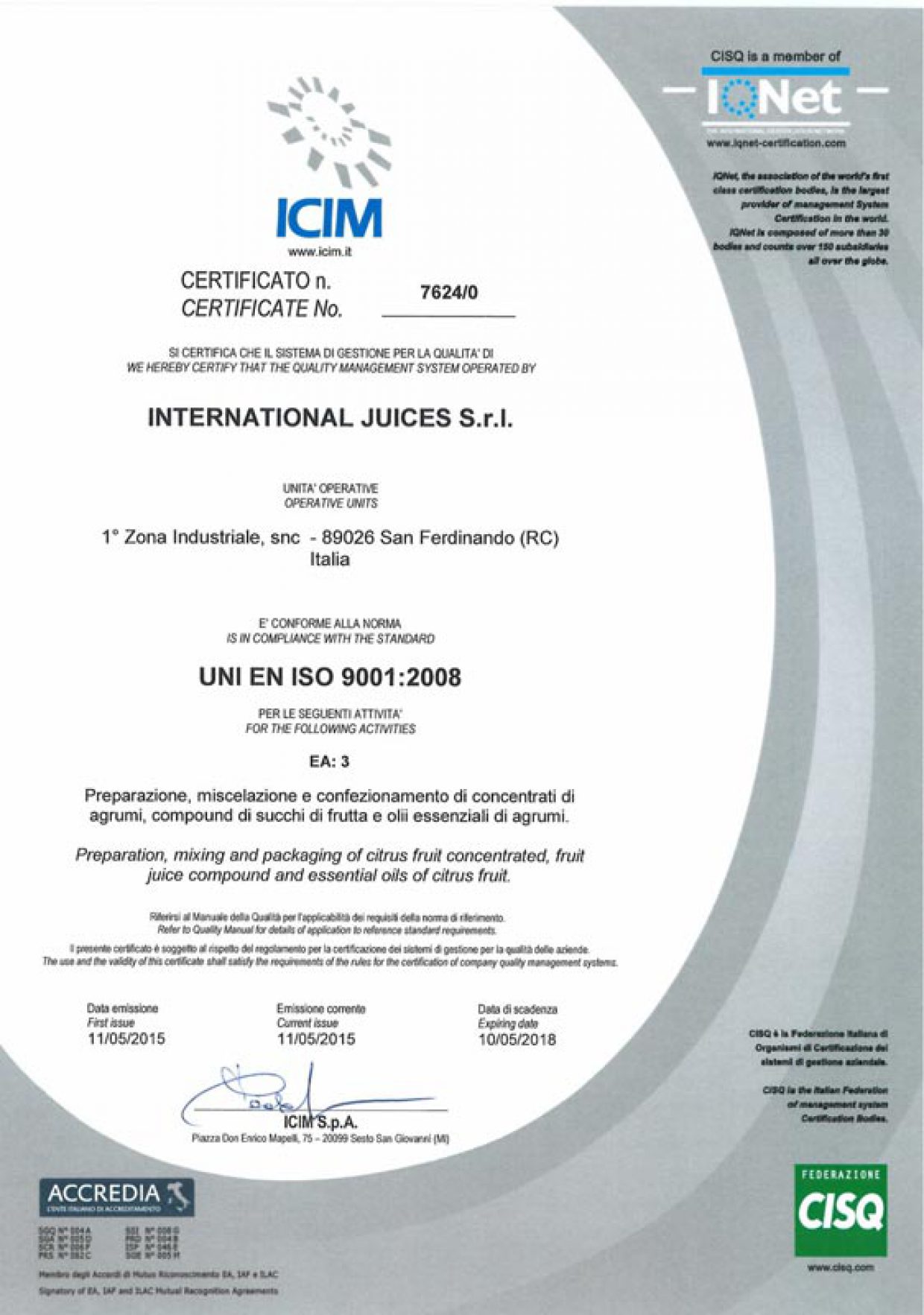 Certificazione ICIM UNI EN ISO 9001:2008